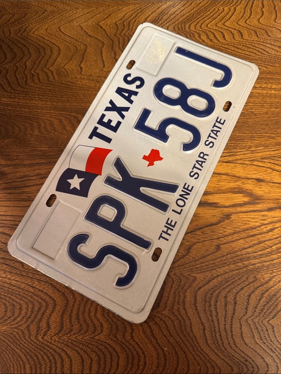 Texas Other - Texas Steel VTG License Plate "SPK-58J" - White & Navy with Red Detail